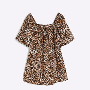 Petite Brown Puff Sleeve Leopard Mini Dress