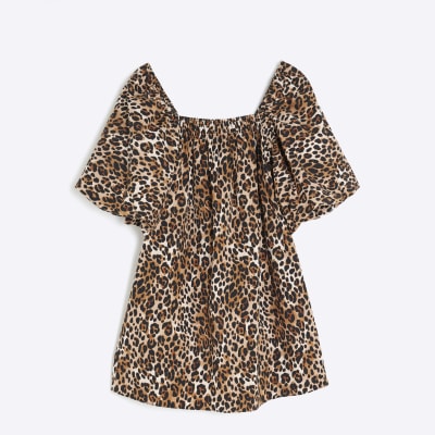 Petite Brown Puff Sleeve Leopard Mini Dress