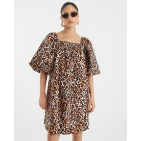 Petite Brown Puff Sleeve Leopard Mini Dress
