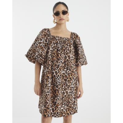 Petite Brown Puff Sleeve Leopard Mini Dress