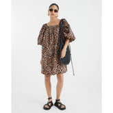 Petite Brown Puff Sleeve Leopard Mini Dress
