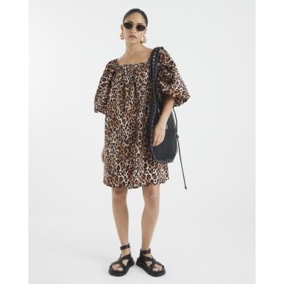 Petite Brown Puff Sleeve Leopard Mini Dress