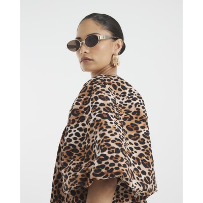 Petite Brown Puff Sleeve Leopard Mini Dress