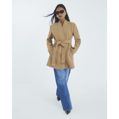 Petite Brown Short Belted Wrap Coat