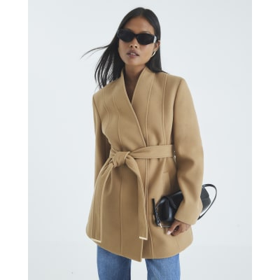 Petite Brown Short Belted Wrap Coat