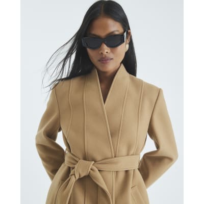 Petite Brown Short Belted Wrap Coat