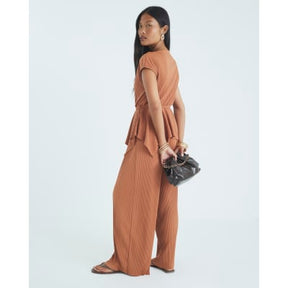 Petite Brown Wide Leg Plisse Trousers