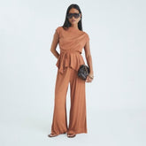 Petite Brown Wide Leg Plisse Trousers