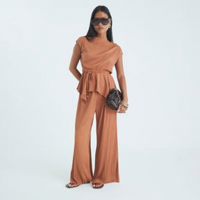 Petite Brown Wide Leg Plisse Trousers