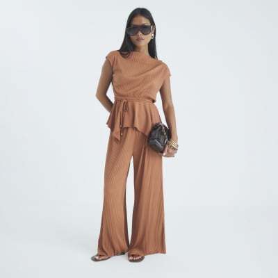Petite Brown Wide Leg Plisse Trousers