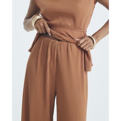 Petite Brown Wide Leg Plisse Trousers