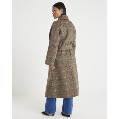 Petite Brown Wool Blend Check Trench Coat