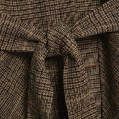 Petite Brown Wool Blend Check Trench Coat