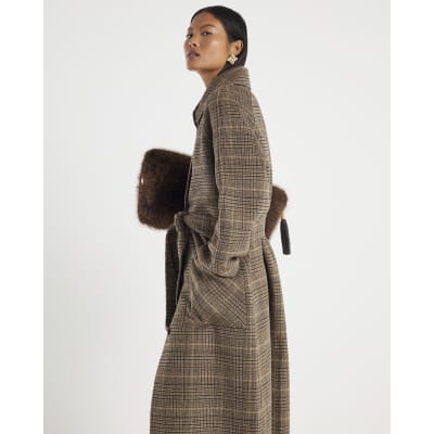 Petite Brown Wool Blend Check Trench Coat