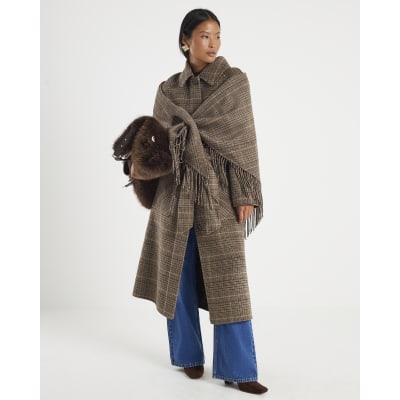 Petite Brown Wool Blend Check Trench Coat