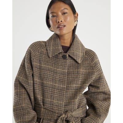 Petite Brown Wool Blend Check Trench Coat