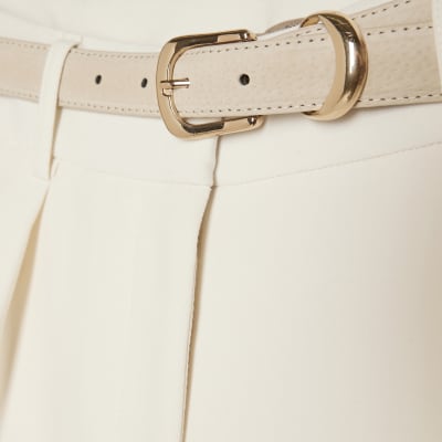 Petite Cream Belted Wide Leg Trousers