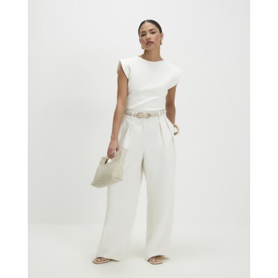 Petite Cream Belted Wide Leg Trousers