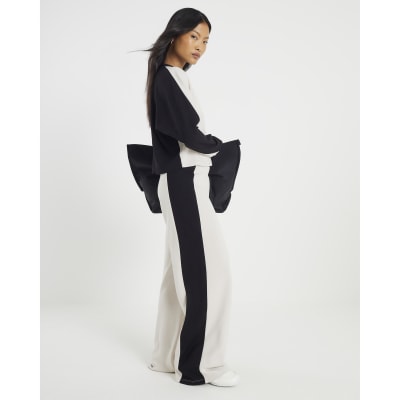Petite Cream Colour Block Wide Leg Trousers