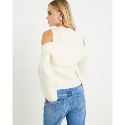 Petite Cream Knitted Cut Out Shoulder Bow Top
