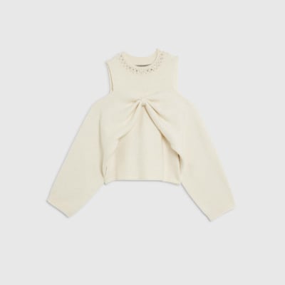 Petite Cream Knitted Cut Out Shoulder Bow Top
