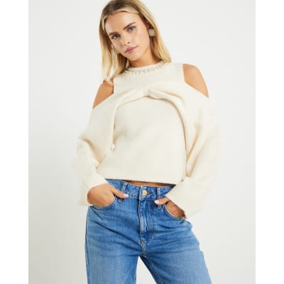 Petite Cream Knitted Cut Out Shoulder Bow Top