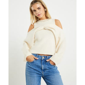 Petite Cream Knitted Cut Out Shoulder Bow Top