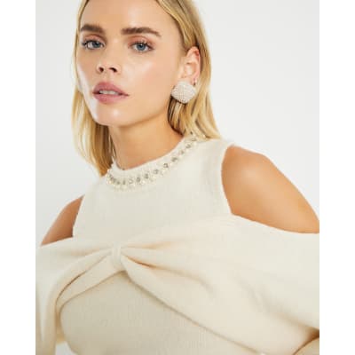 Petite Cream Knitted Cut Out Shoulder Bow Top