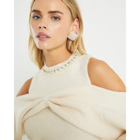 Petite Cream Knitted Cut Out Shoulder Bow Top