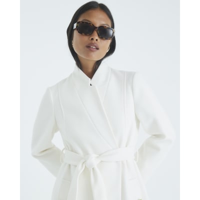 Petite Cream Notch Collar Belted Wrap Coat