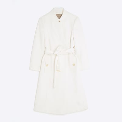 Petite Cream Notch Collar Belted Wrap Coat