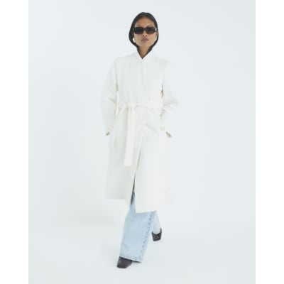 Petite Cream Notch Collar Belted Wrap Coat