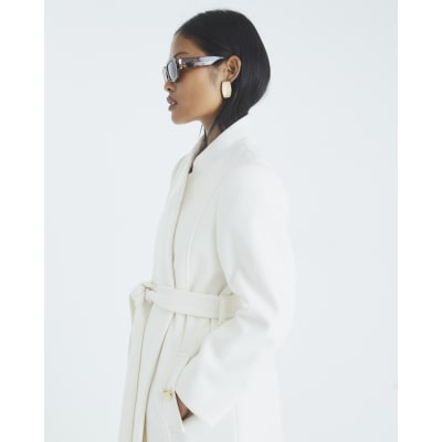 Petite Cream Notch Collar Belted Wrap Coat