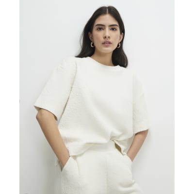Petite Cream Short Sleeve Jacquard T-shirt