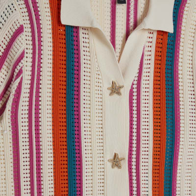 Petite Cream Striped Crochet Shirt