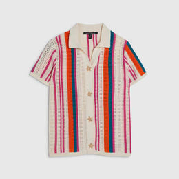 Petite Cream Striped Crochet Shirt