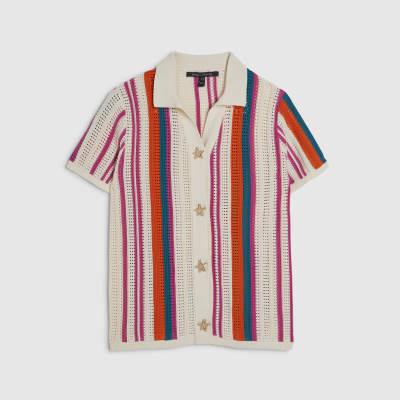 Petite Cream Striped Crochet Shirt