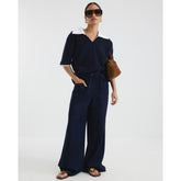 Petite Dark Blue Wide Leg Pyjama Style Jeans