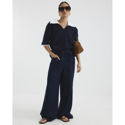 Petite Dark Blue Wide Leg Pyjama Style Jeans