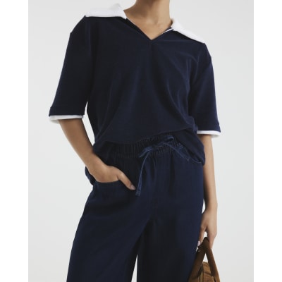 Petite Dark Blue Wide Leg Pyjama Style Jeans