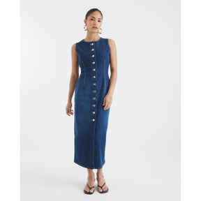 Petite Denim Button Midi Dress