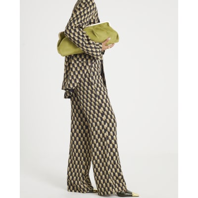 Petite Green Geometric Skinny Flared Trousers