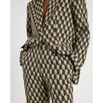 Petite Green Geometric Skinny Flared Trousers