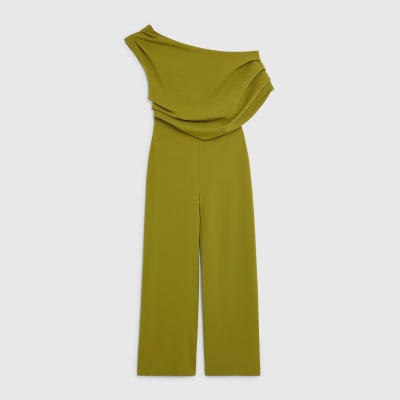 Petite Green One shoulder Draped Jumpsuit