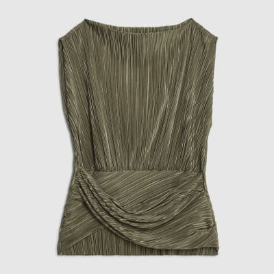 Petite Green Plisse Sleeveless Wrap Top