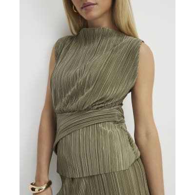 Petite Green Plisse Sleeveless Wrap Top