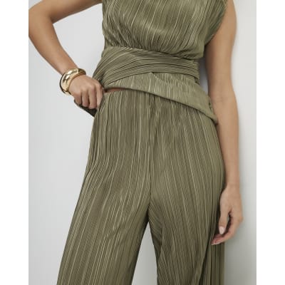Petite Green Plisse Wide Leg Trousers