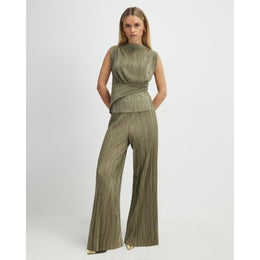 Petite Green Plisse Wide Leg Trousers