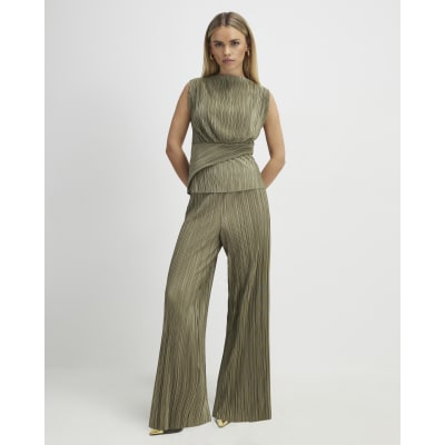 Petite Green Plisse Wide Leg Trousers