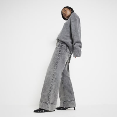 Petite Grey High Waisted Wide Leg Jeans